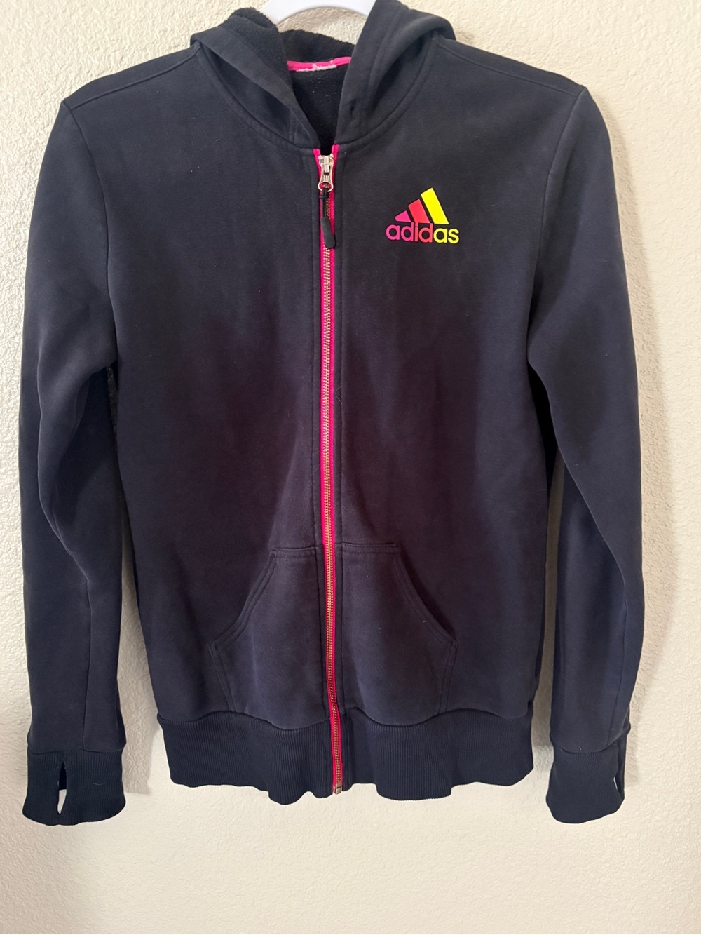 Adidas Black Zip Hoodie with Pink and Yellow Logo